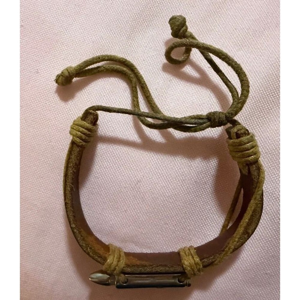 Vintage Pre-Owned Handmade Brown Leather Bullet Bracelet Adjustable Cord Cuff